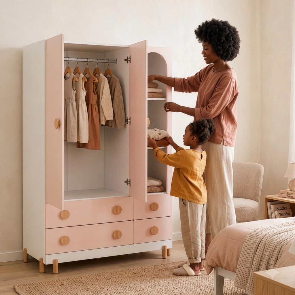 Armadio per Cameretta Vaarentaa a 2 Ante con 4 Cassetti e 3 Vani Aperti 156x90x41 cm - Bianco/Rosa [en.casa]