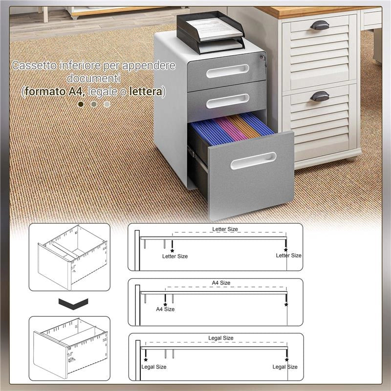CASSETTIERA PER UFFICIO A 3 CASSETTI CON SERRATURA, RUOTE, PORTADOCUMENTI FORMATO A4, LEGALE E LETTERA, GRIGIO CHIARO