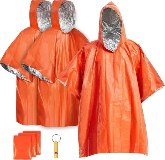 Poncho di sopravvivenza e sacco a pelo di emergenza - 3 pezzi - 100 x 130 cm - rivestimento in folio di Mylar termico - per mantenimento del calore e pioggia
