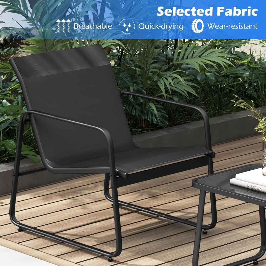 Set di mobili da giardino 4 pezzi, tavolino da caffè in vetro temperato, divano a 2 posti, 2 sedie, per 4 persone, tessuto traspirante, mobili per patio, terrazza