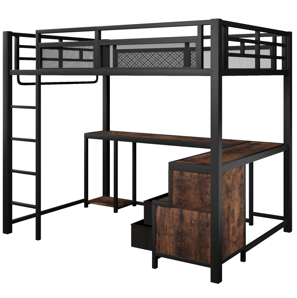 Letto a soppalco 140x200 cm con scrivania; LED e porta USB in metallo e legno nero