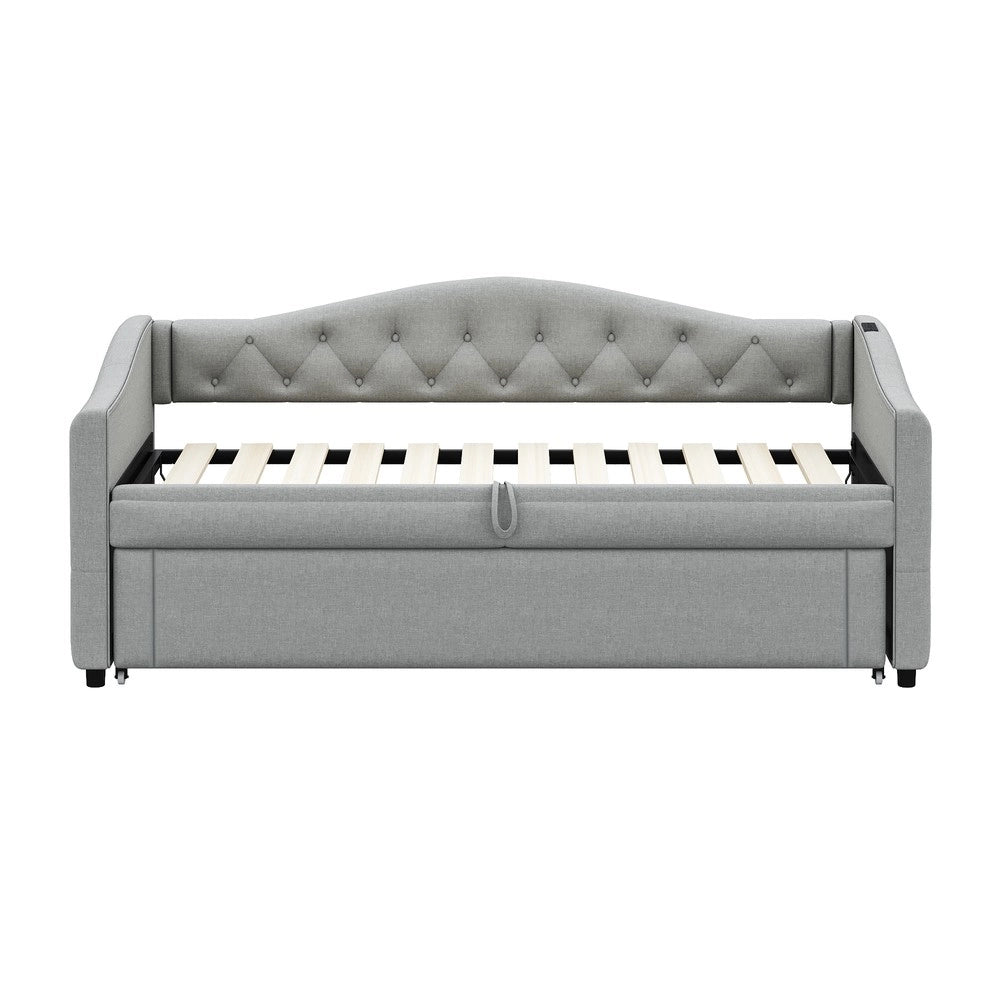 Letto Imbottito Singolo Estraibile con Rete a Doghe ¨C MINIMAL ¨C Tessuto Lino Grigio 90x200