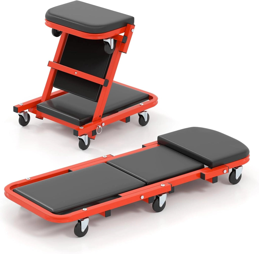 COSTWAY 2 in 1 Sgabello da Officina a Forma di Z, Carrello Meccanico sotto Auto con Sedile Imbottito e Ruote Girevoli a 360°, Portata 160 kg, per Garage e Officina (Nero)