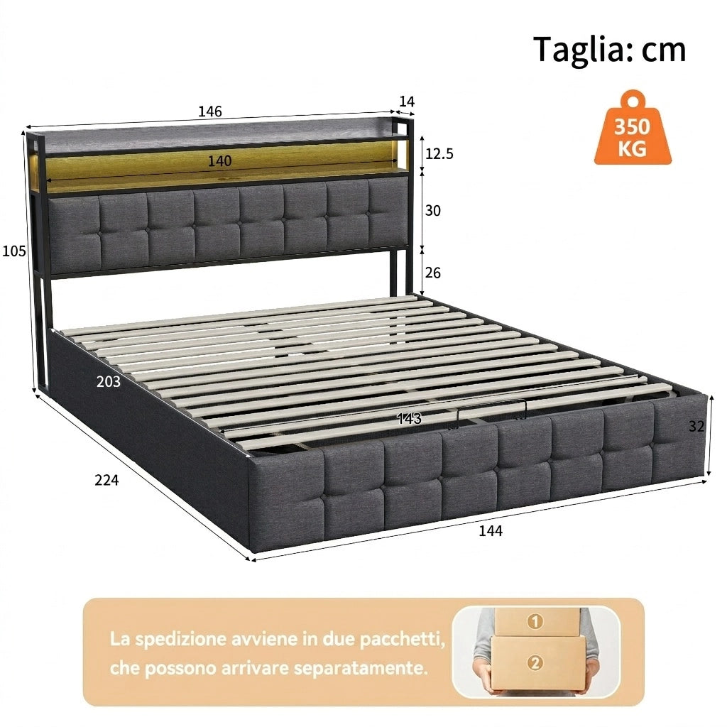 Letto matrimoniale 140x200 cm con contenitore LED USB testiera struttura letto MDF e PU - grigio