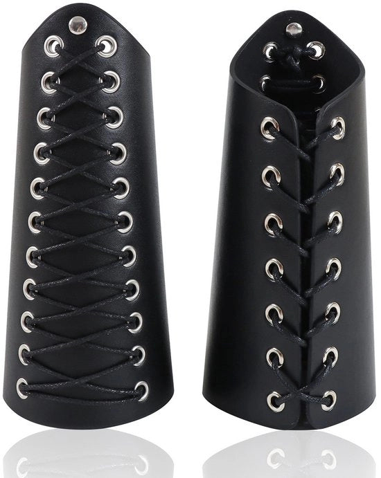 Armbandini in pelle, guanti, corazze medievali, bende per polso vichinga, anelli, fermagli per manica in pelle unisex, set di abbigliamento maschile (nero)