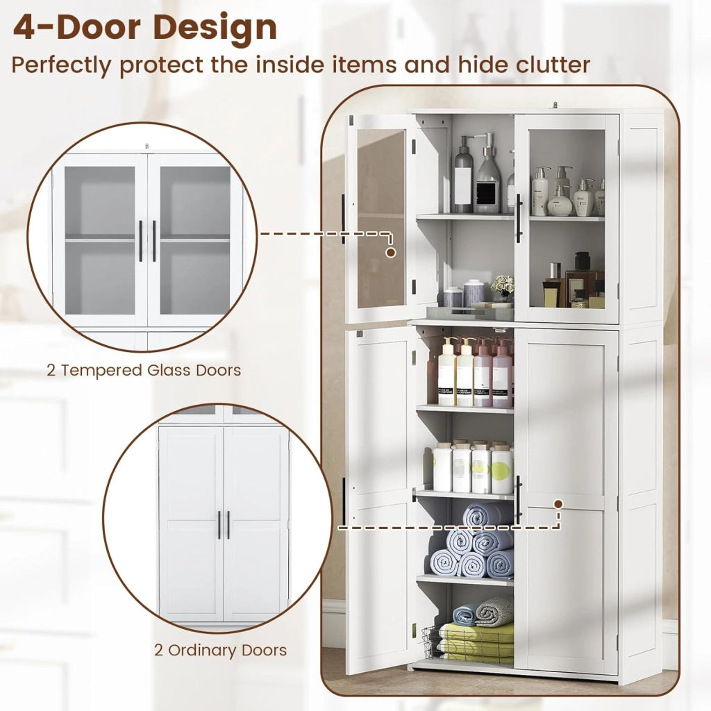 Armadio alto da bagno, colonna bagno, 4 ante, ripiani regolabili e 2 ganci, mobile moderno per cucina, soggiorno, 70 x 30 x 168,5 cm, bianco