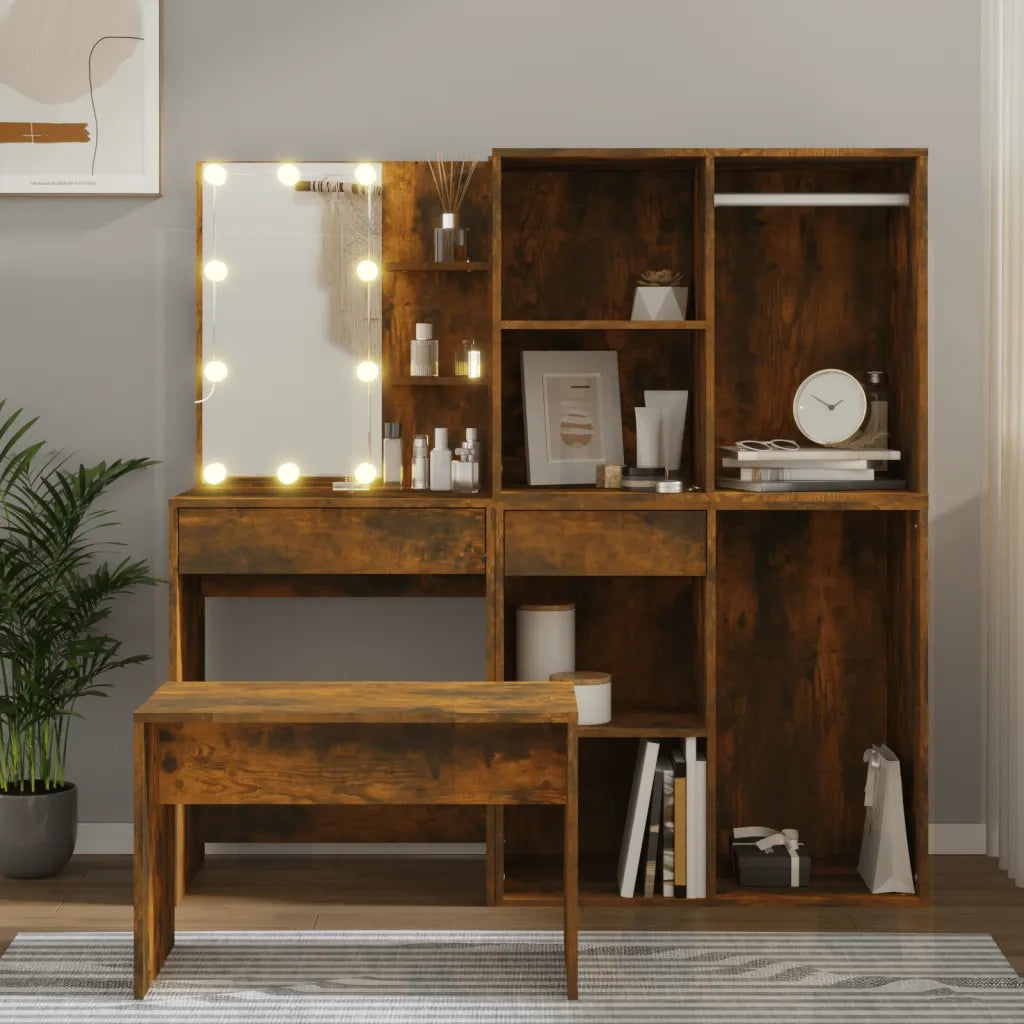 Set Tavolo da Toeletta con LED Rovere Fumo in Legno Multistrato