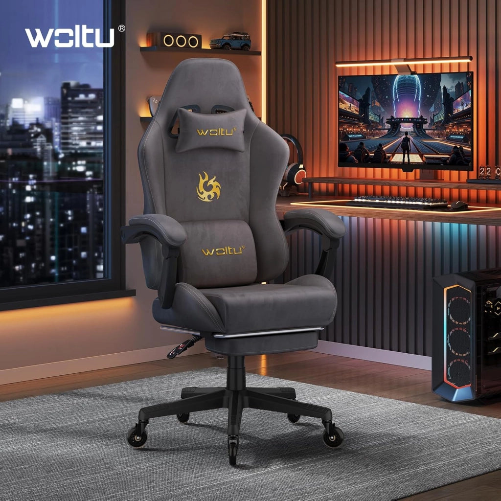 Sedia da gaming, Sedia Gaming Ergonomica con Ruote Silenziose, Altezza e Inclinazione Regolabile, con Braccioli Sincronizzati e Poggiapiedi, in Tessuto Scamosciato, Grigio