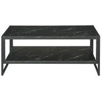 Tavolino da Caffè Nero, Tavolino Effetto Marmo con Ripiano Inferiore, da Soggiorno o Ufficio, Design Moderno, Telaio in Acciaio, 106x50x45cm, Nero