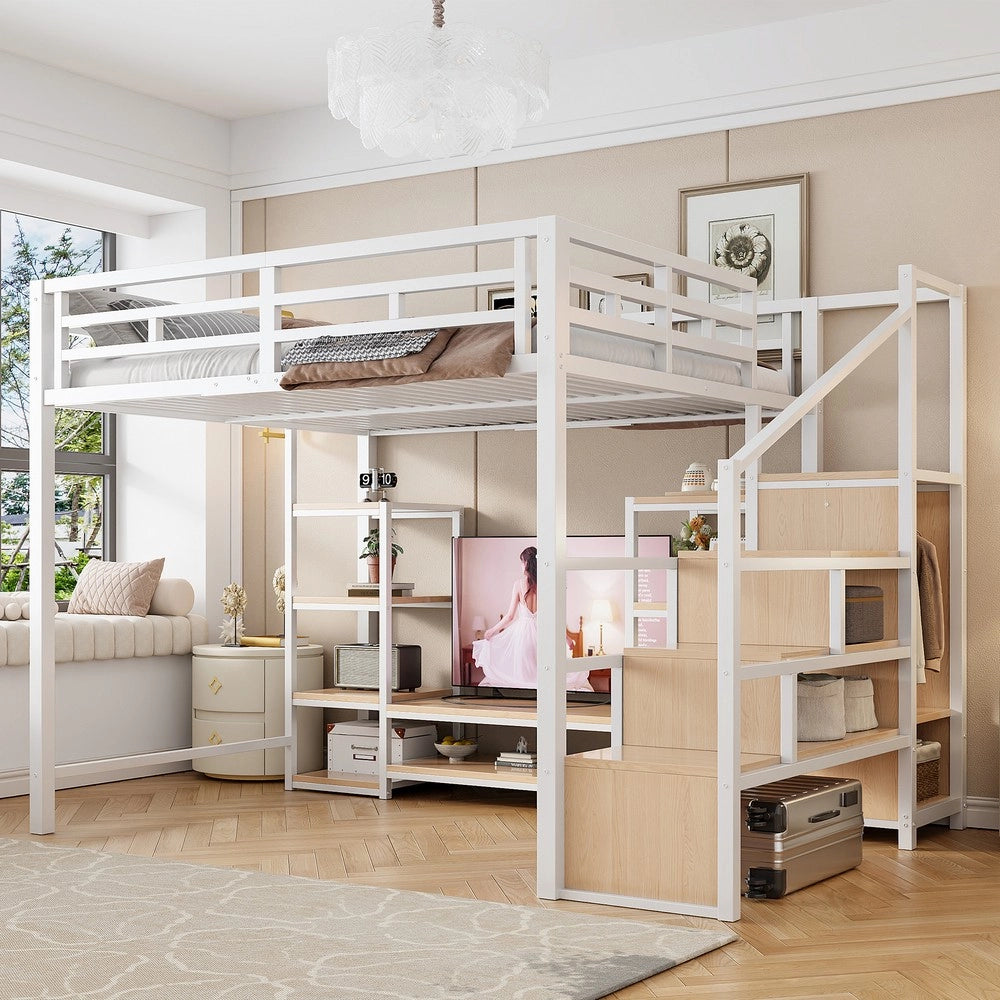 Letto a soppalco con TV - Zephmum- 140x200 - Bianco - Presa di corrente e scala di sicurezza