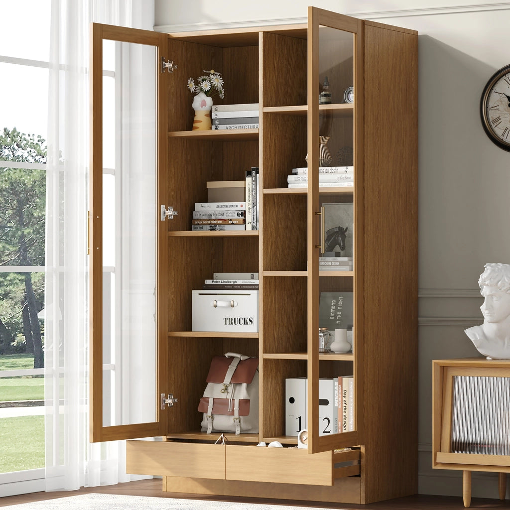 Vetrina con 2 ante in vetro 1 cassetto e 9 vani sfalsati per soggiorno o studio colore legno 80 × 40 × 160 cm
