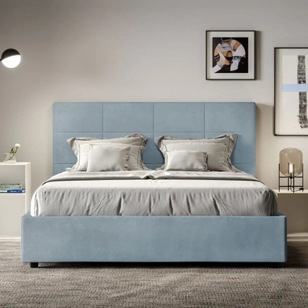 Letto matrimoniale francese senza rete imbottito 140x200 microfibra azzurro Mika