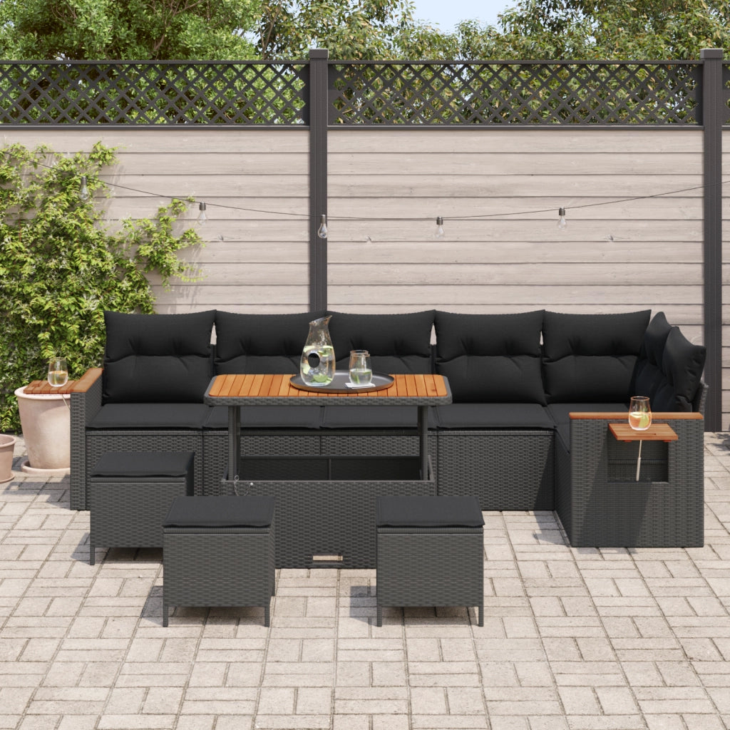 Set Divano da Giardino  10 Pezzi con Cuscini Nero Polyrattan Acacia