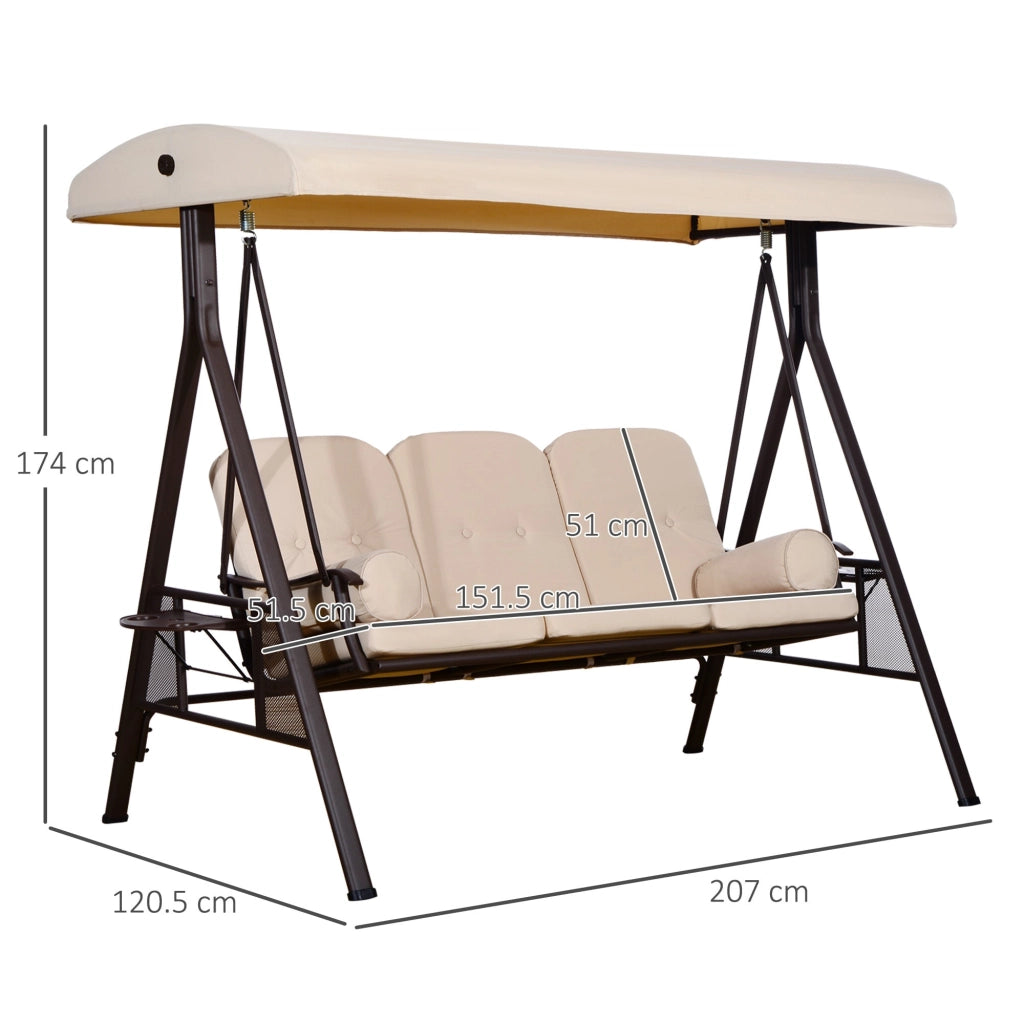 Dondolo da Giardino 3 Posti 208x121x172 cm Tetto Regolabile, Portabicchieri e Cuscini Beige