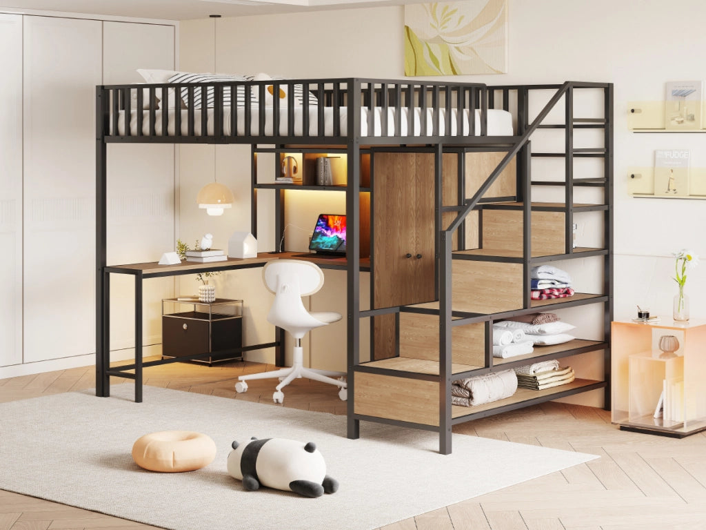 Letto soppalcato in metallo nero 140 x 200 cm; scrivania; mensole; armadio; cassetti; LED; presa e corrimano di sicurezza