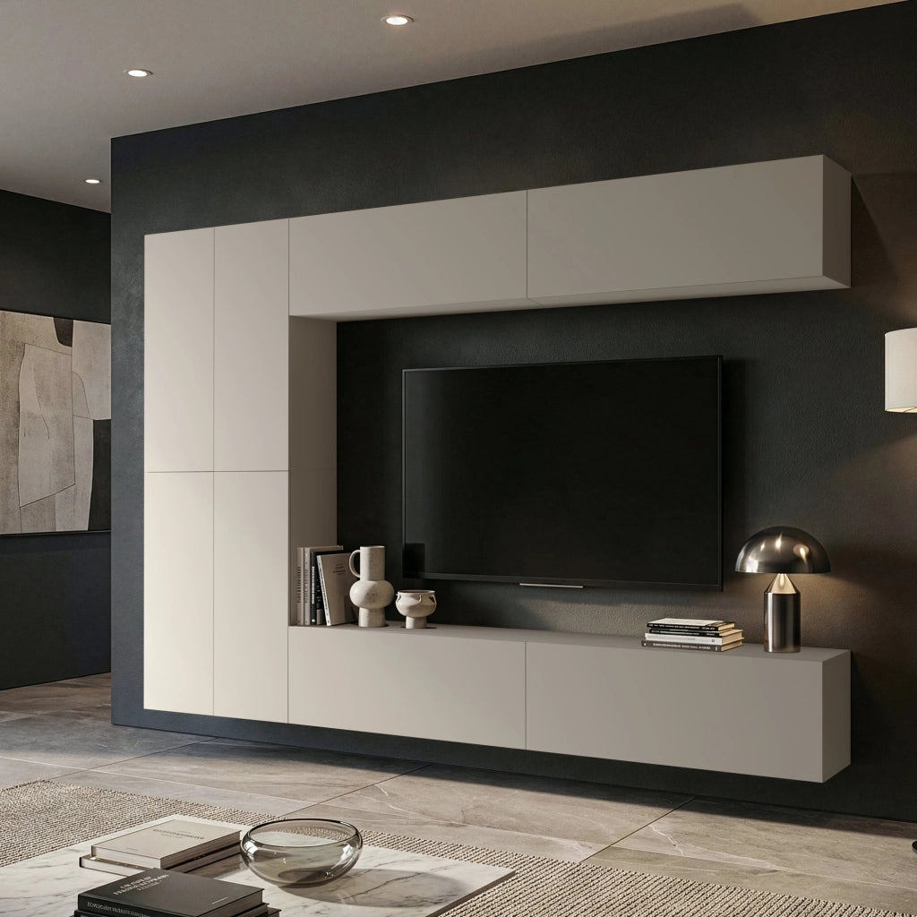 Mobile Soggiorno Gatira, Parete Attrezzata Modulabile, Beige