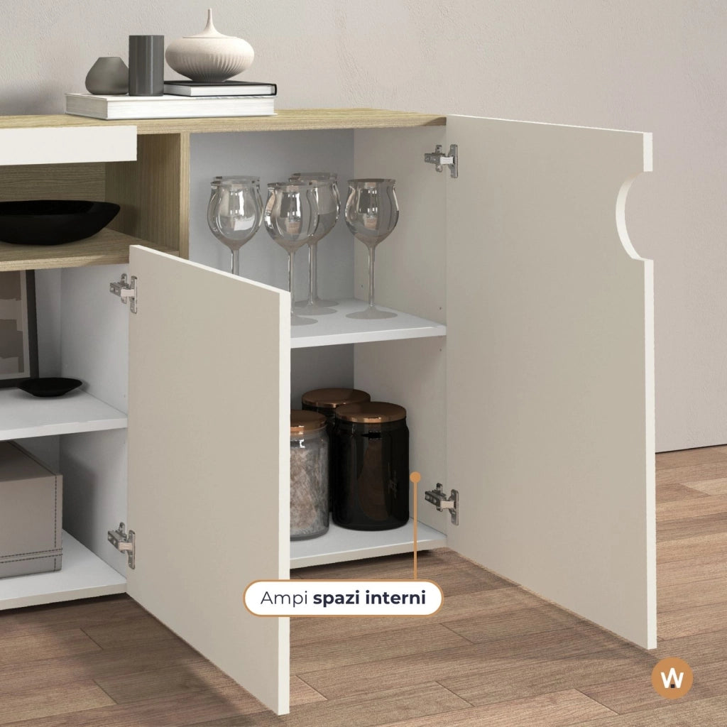 WHOUS Credenza Real con 4 ante e 1 vano aperto cashmere e rovere chiaro 200x40x80 cm