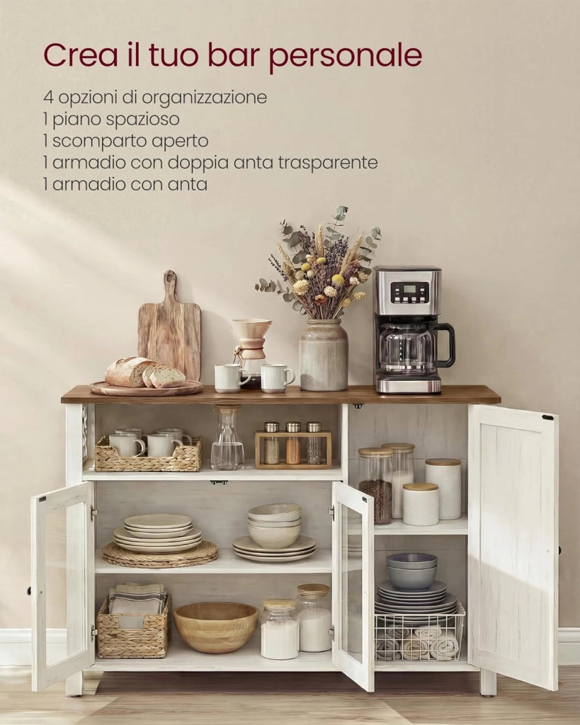 VASAGLE Credenza, Mobile da Cucina, Mobile Contenitore, con 3 Ante, per Soggiorno, Cucina, Sala da Pranzo, 33 x 110 x 75 cm, Stile Country, Marrone Miele e Bianco Vintage LSC096WJ02