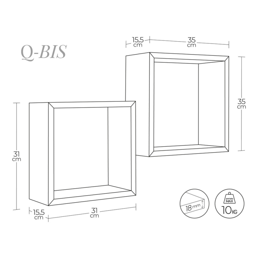 Set di 2 Mensole da Muro Modello Q-BIS, Cubi Arredo, Mensole Cubo, Cubi da Parete. Misure 35x35 p15.5 cm e 31x31 p15.5 cm. Finitura NOCE - MADE IN ITALY