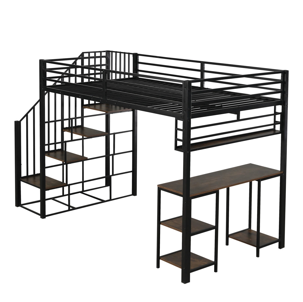 Letto a soppalco ULEVR 120x200 cm con scrivania, scaffale e scale con corrimano, nero e noce scuro