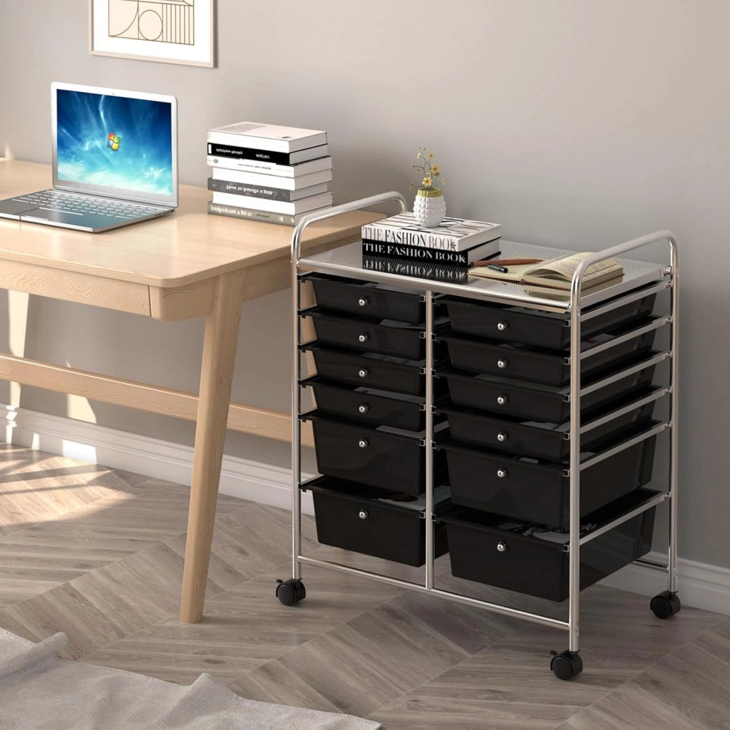 Carrello Portaoggetti con Ruote, 12 Cassetti Rimovibili, Carrello a Rotelle per Soggiorno, Ufficio, Camera da Letto, 64x38x75 cm, 3 Colori