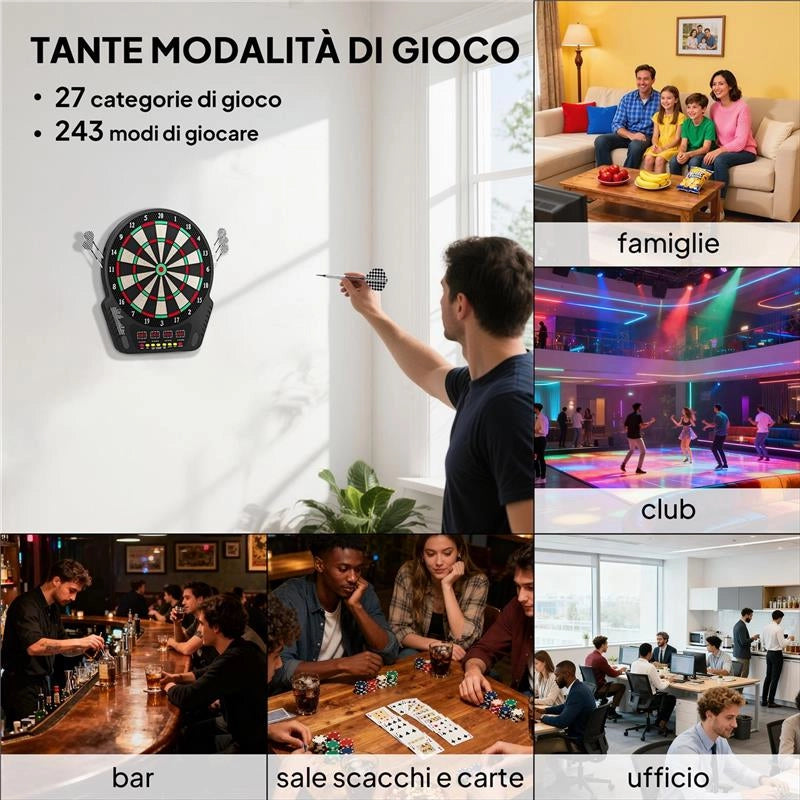 BERSAGLIO FRECCETTE CON 6 FRECCETTE, ALIMENTATORE, 4 DISPLAY LED E 27 GIOCHI, IN ABS E PP, 44X51.5X3.2 CM, NERO