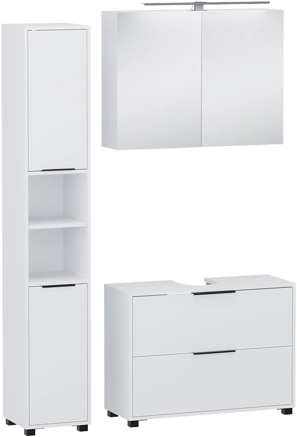 Set di mobili da bagno Alina, Bianco, 80 cm, composto da mobile sottolavabo, specchiera e colonna alta