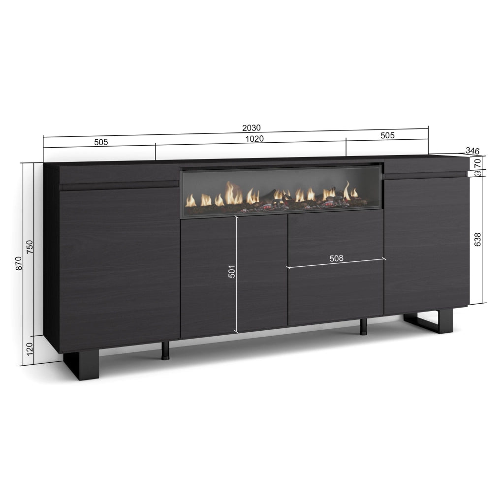 Credenza, Mobile, 200x35x87cm, 4 Porte, Camino elettrico, Design industriale, Nero RF2295