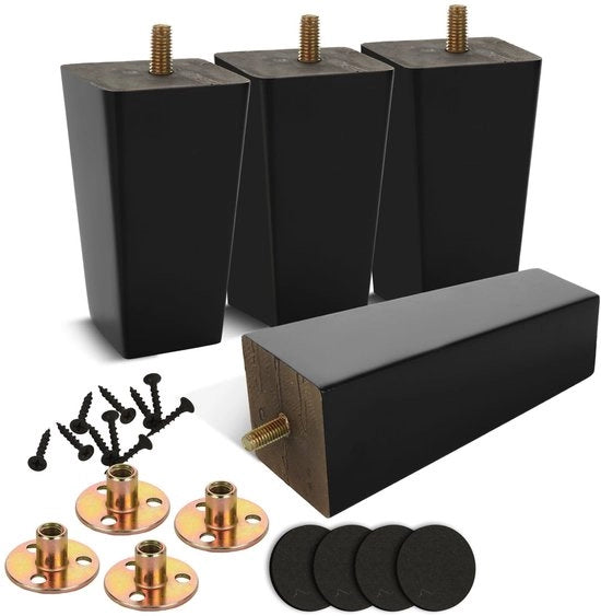 Set di 4 potenti mezzo mobile in legno - 15 cm - M8 preforata - Pads in gomma e piastre di montaggio - Supporti di mobile