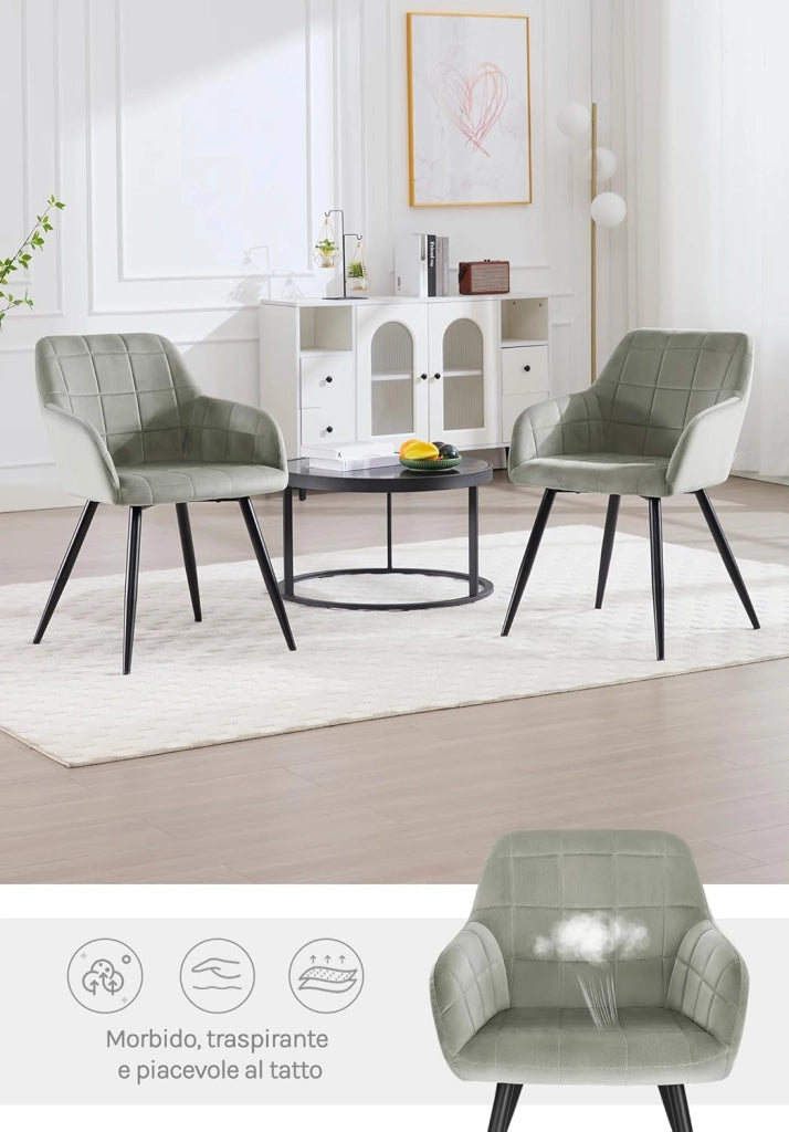 Sedia per Sala da Pranzo Imbottita, Poltroncina in Velluto,Sedia da Cucina con Braccioli e Schienale, Gambe in Metallo, moderne,Grigio, BH93gr-1