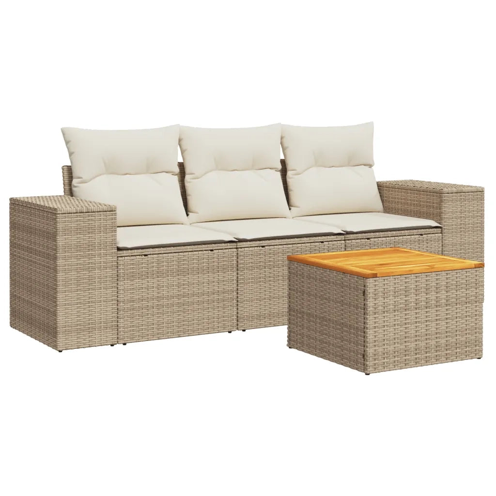 Set Divano da Giardino 4 pz con Cuscini Beige in Polyrattan
