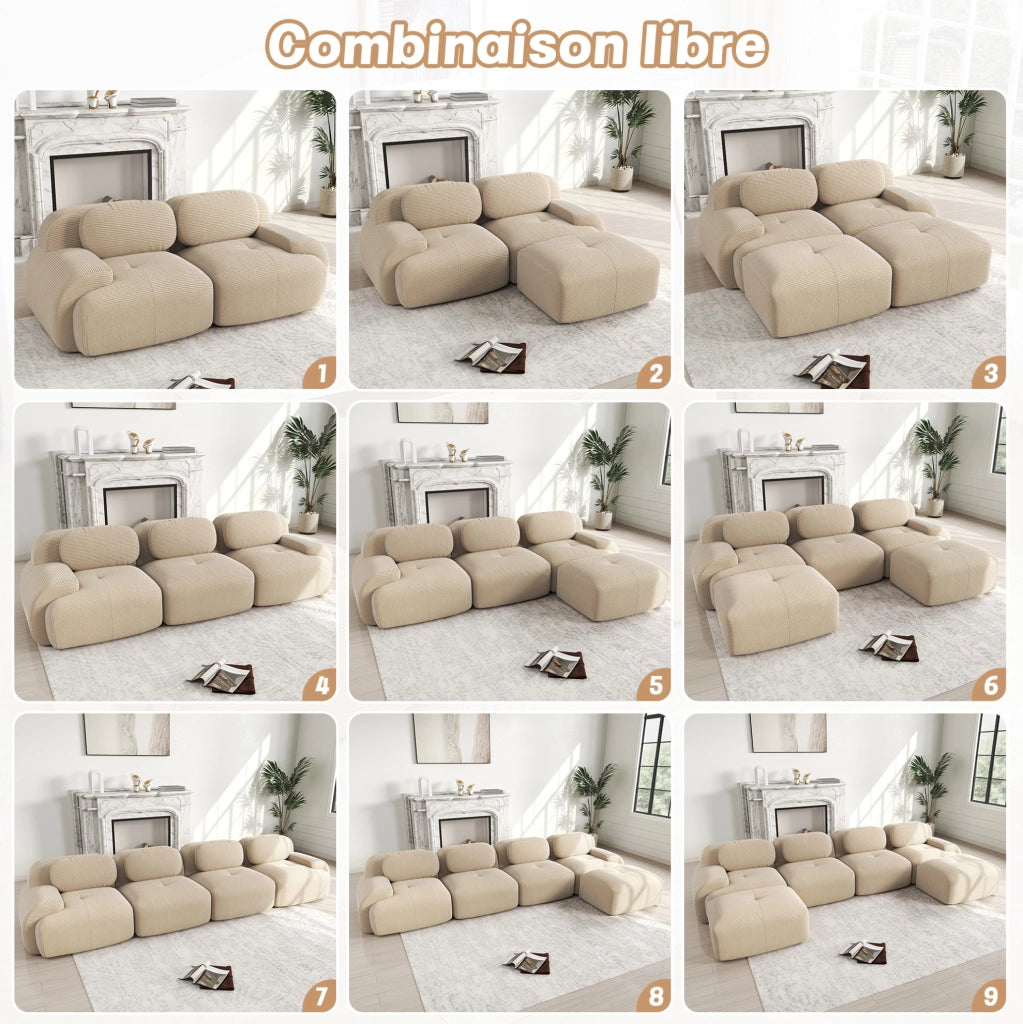 Divano a due posti in tessuto a coste beige, modulare senza telaio con braccioli curvi e base antiscivolo