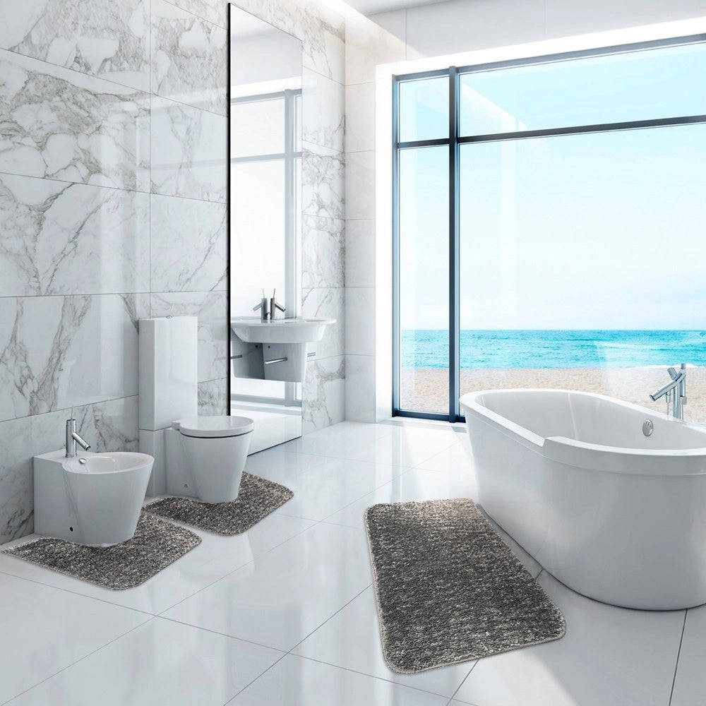 Tappeto Bagno Camera Scendiletto Doccia Vasca Antiscivolo Assorbente Shaggy Soffice IBISCO A Parure 3 Pezzi - Grigio