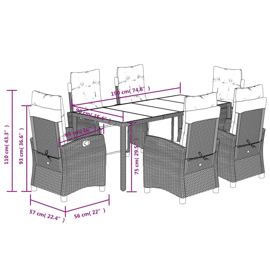 Set da Pranzo da Giardino 7 pz con Cuscini in Polyrattan Grigio