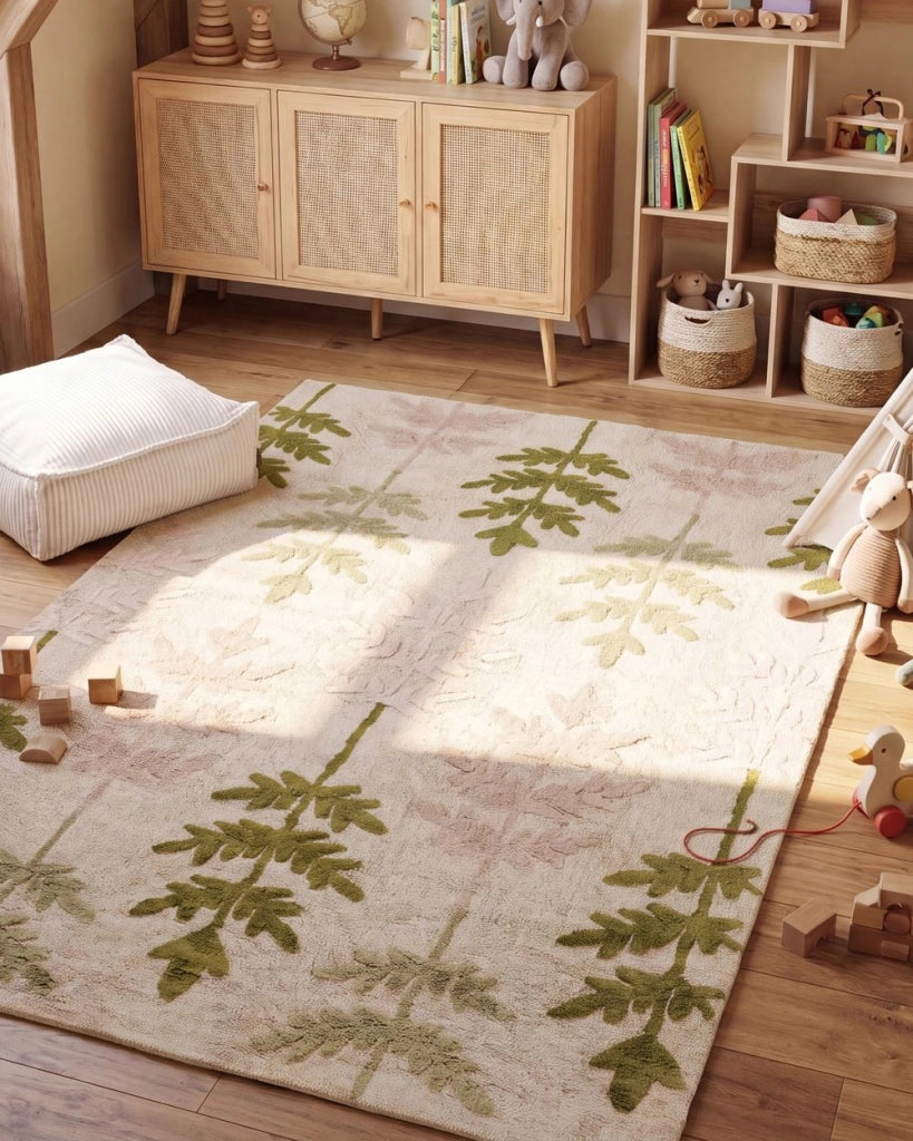 Tappeto in cotone 90 x 130 cm per bambini, rettangolare, beige e verde divertente cameretta
