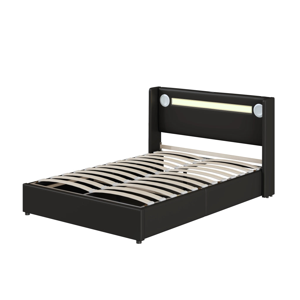Letto Contenitore Imbottito con LED 140x200 ¨C MINIMAL ¨C Similpelle Nero, Rete a Doghe