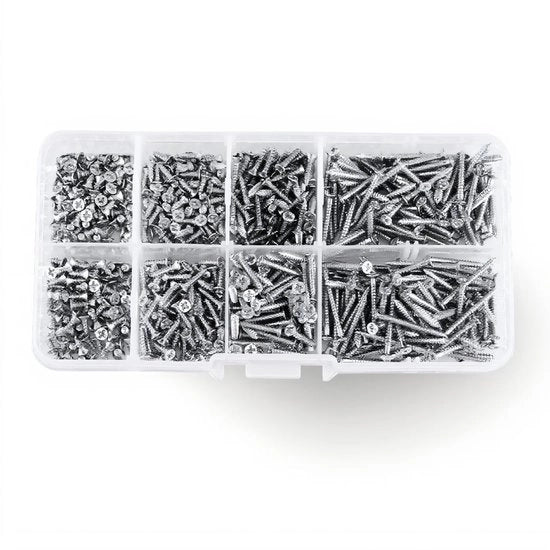 Kit di viti autoallogante 800 pezzi - Assortimento - Testa piatta - Acciaio inossidabile verniciato - Mobili in legno - Scatola chiusura automatica