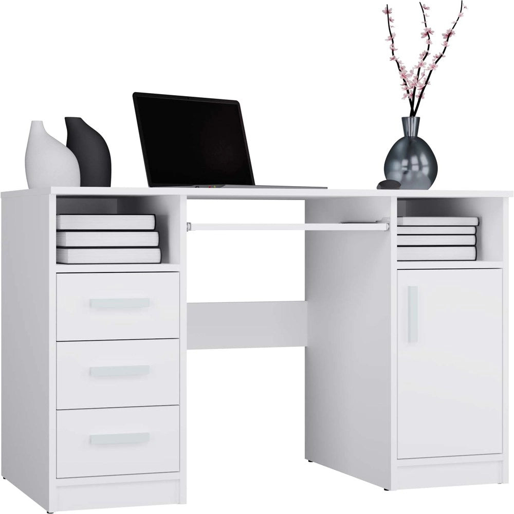 Scrivania delta bianco 120 cm 3 cassetti mobile con ripiani per ufficio camera e laptop