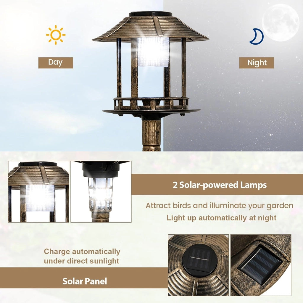 Magiatoia per Uccelli con Luce Solare Ø43 x 110H cm, Abbeveratoio per Uccelli Selvatici Decorazione da Esterno Rustico Effetto Bronzo, Vasca per Uccello da Giardino e Balcone (Bronzo Giallo)