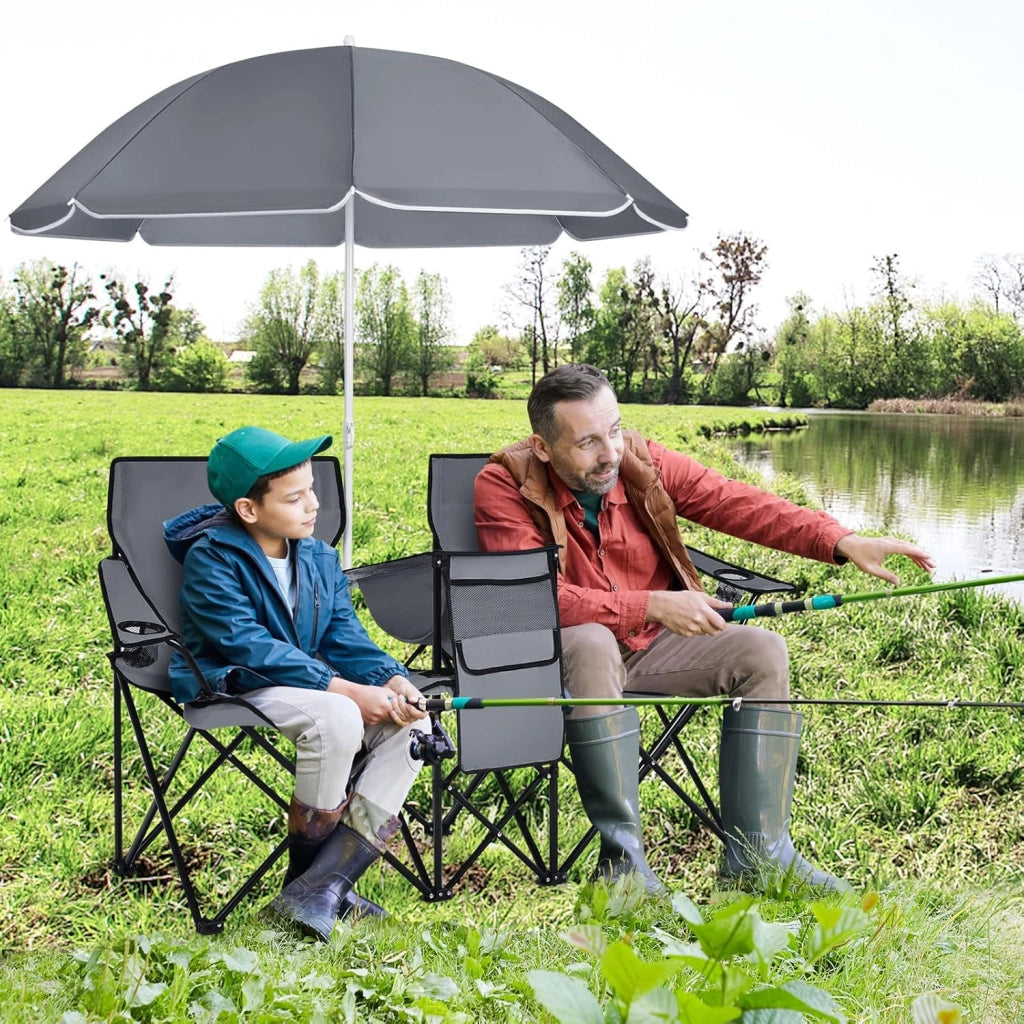 Set di 2 Sedie da Campeggio Pieghevoli, con Ombrellone e Tavolino Contenitore, Resistente e Leggero, Capacità 113 kg (grigio)