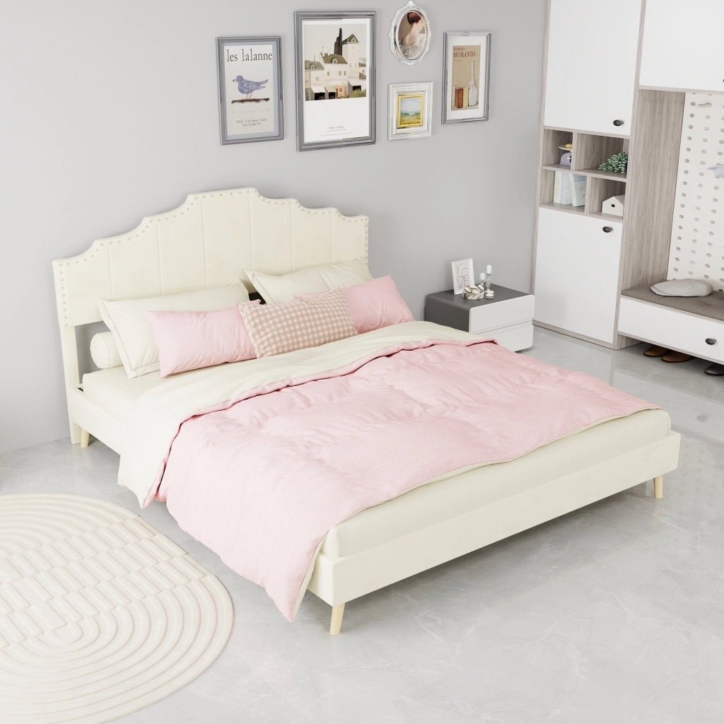 Letto matrimoniale 160x200 cm beige con testiera geometrica imbottita e materasso