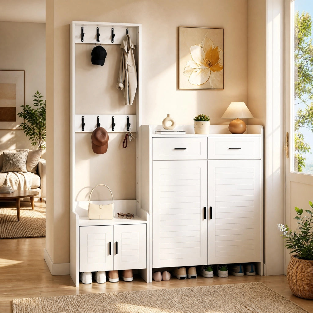 Mobile ingresso bianco 125 x 36 x 165 cm con 2 cassetti, 2 ante, 6 ripiani e 8 ganci