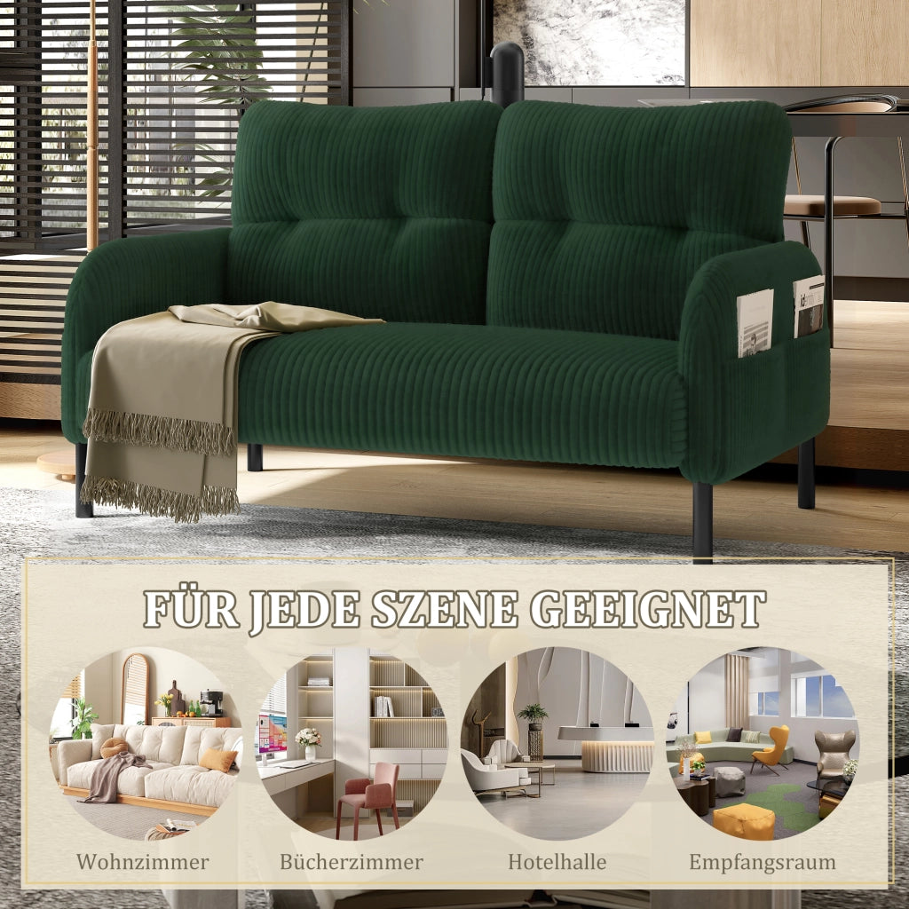 DIVANO 2 posti in corduroy verde smeraldo con tasca laterale, 120 x 75 x 79 cm