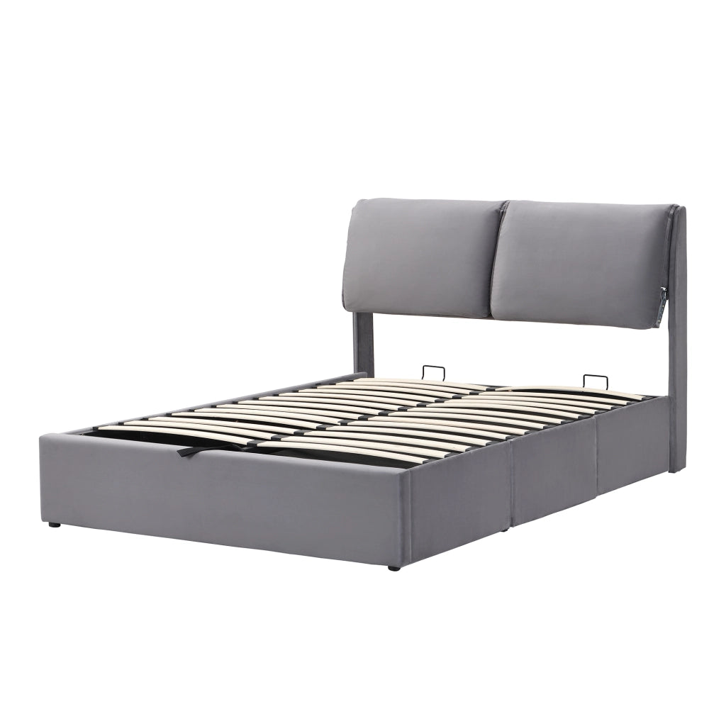 Letto imbottito 140x190 cm in velluto grigio con contenitore idraulico, 3 cassetti, rete a doghe e testiera
