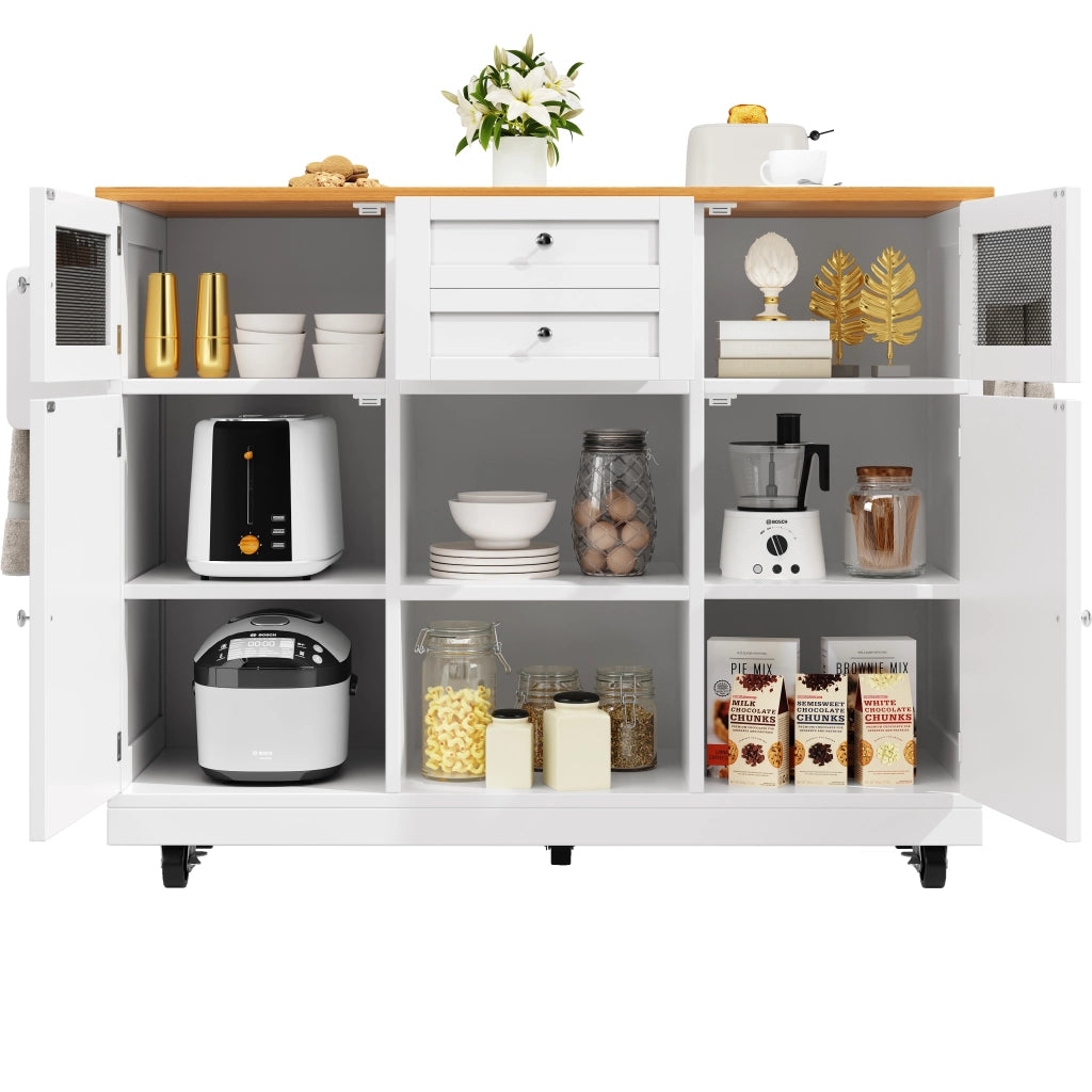 Carrello da Cucina con 2 Ante 2 Cassetti Ripiani Regolabili Portasciugamani e Ruote in MDF 140 x 40 x 93;5 cm Bianco