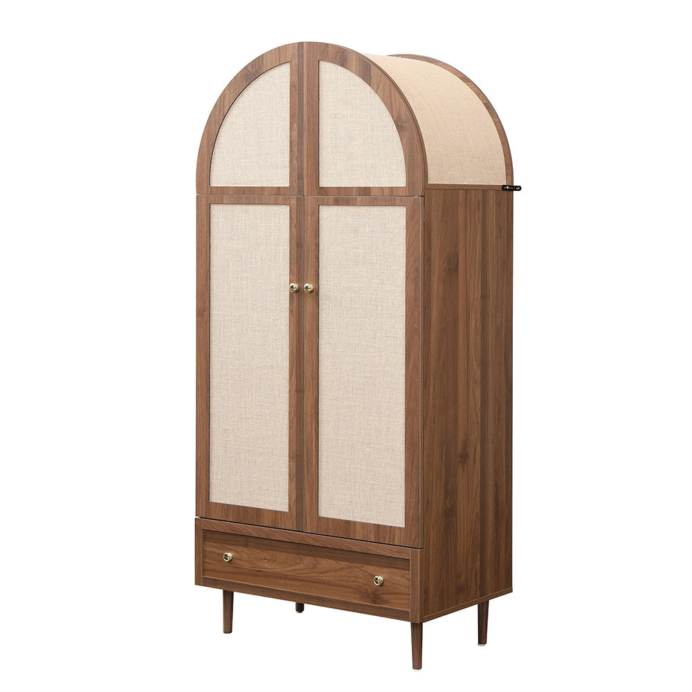 Armadio elegante con ante in tessuto e cassetto - Xylo - Aspetto noce, gambe in legno stabile, spazio pratico per abiti e accessori