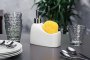 Dispenser Sapone Bianco in Porcellana + Spugna e Portaspugna Forma 6,5 x 15 x 17 cm