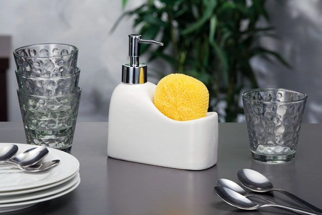 Dispenser Sapone Bianco in Porcellana + Spugna e Portaspugna Forma 6,5 x 15 x 17 cm