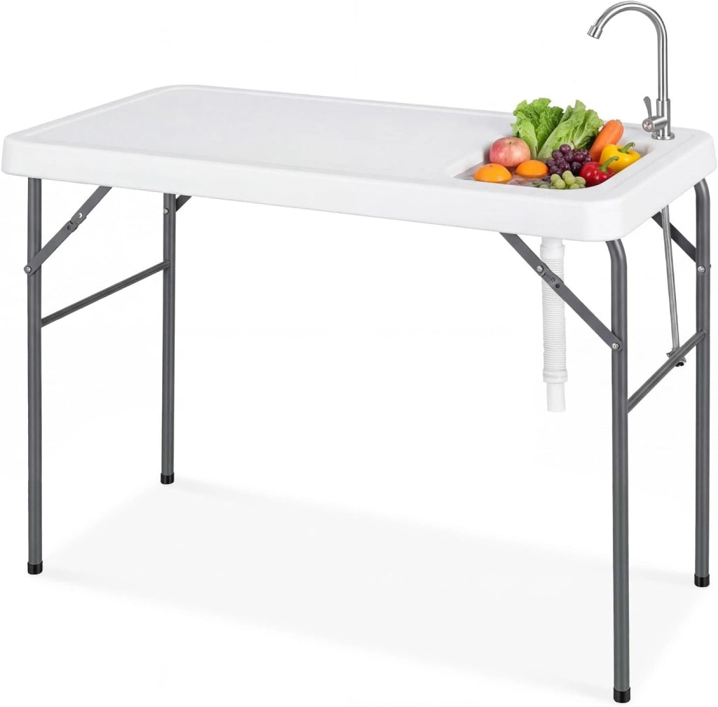 Tavolo da Campeggio con Rubinetto e Lavandino, 104 x 59 cm, Tavolo Pieghevole e Portatile per Lavaggio e Preparazione di Cibi, Pesca e Verdure, per Picnic, Spiaggia, Cortile e Giardino