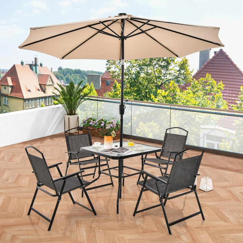 Set da Pranzo per Patio da 5 Pezzi, Sedie Pieghevoli e Tavolo in Vetro Con Foro per Ombrellone, Struttura in Metallo per Terrazza, Giardino